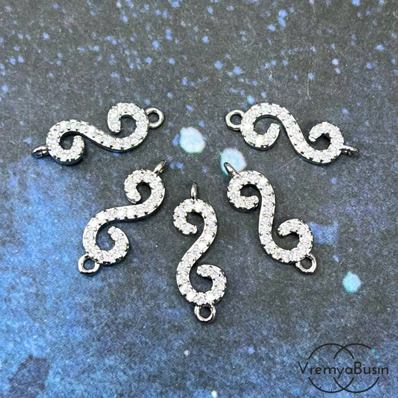 Коннектор с фианитами, 18х6 мм, латунь с родиевым покрытием (1 шт.)