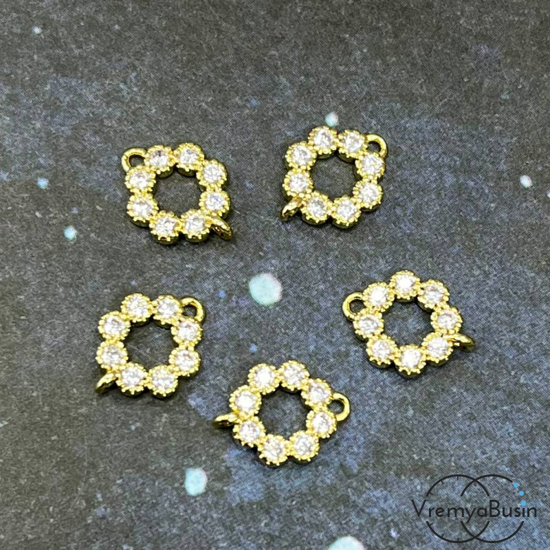 Коннектор с фианитами «Цветочек», 11х8 мм, латунь с позолотой (1 шт.)