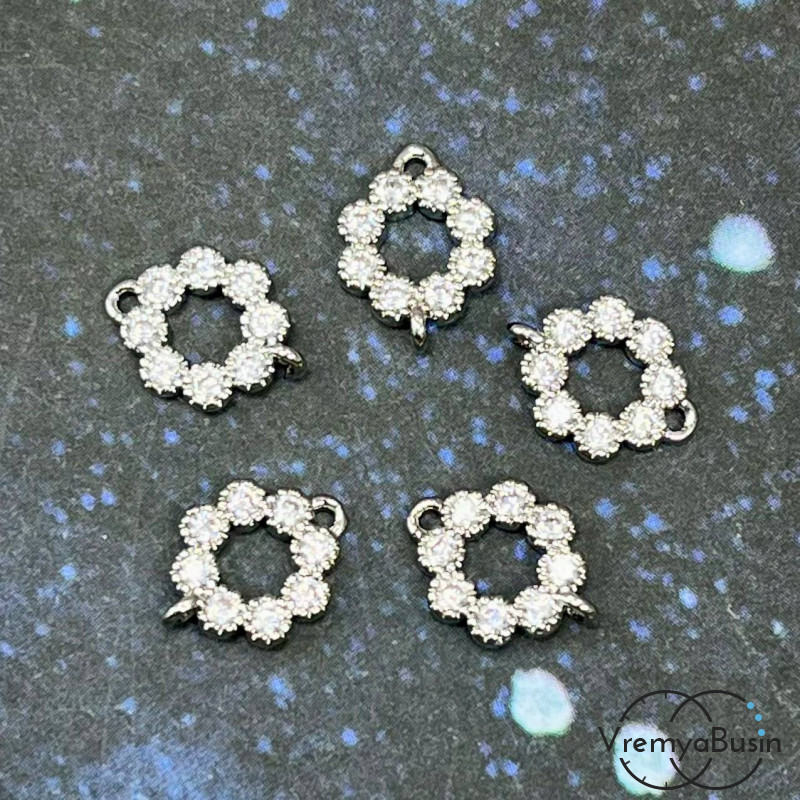 Коннектор с фианитами «Цветочек», 11х8 мм, латунь с родиевым покрытием (1 шт.)