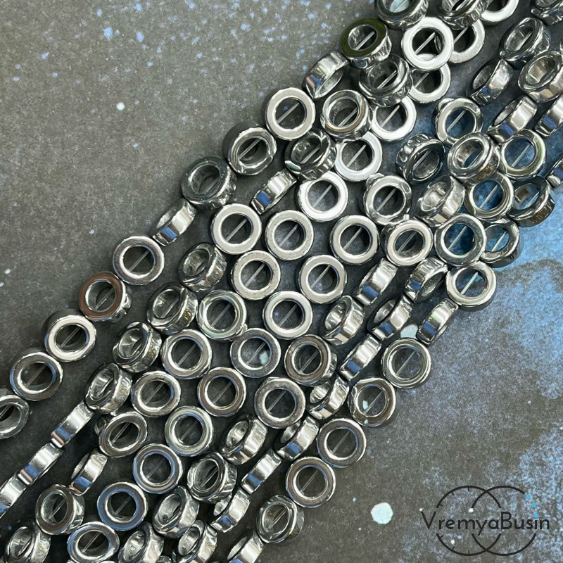 Гематит, кольцо 8х3 мм, цв. серебро (нить, ок. 48 шт.)