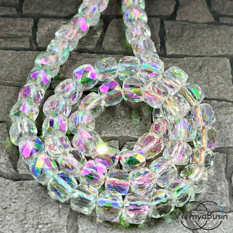 Бусины кубики из граненого стекла с переливом, 6 мм    (упак. 10 шт.)