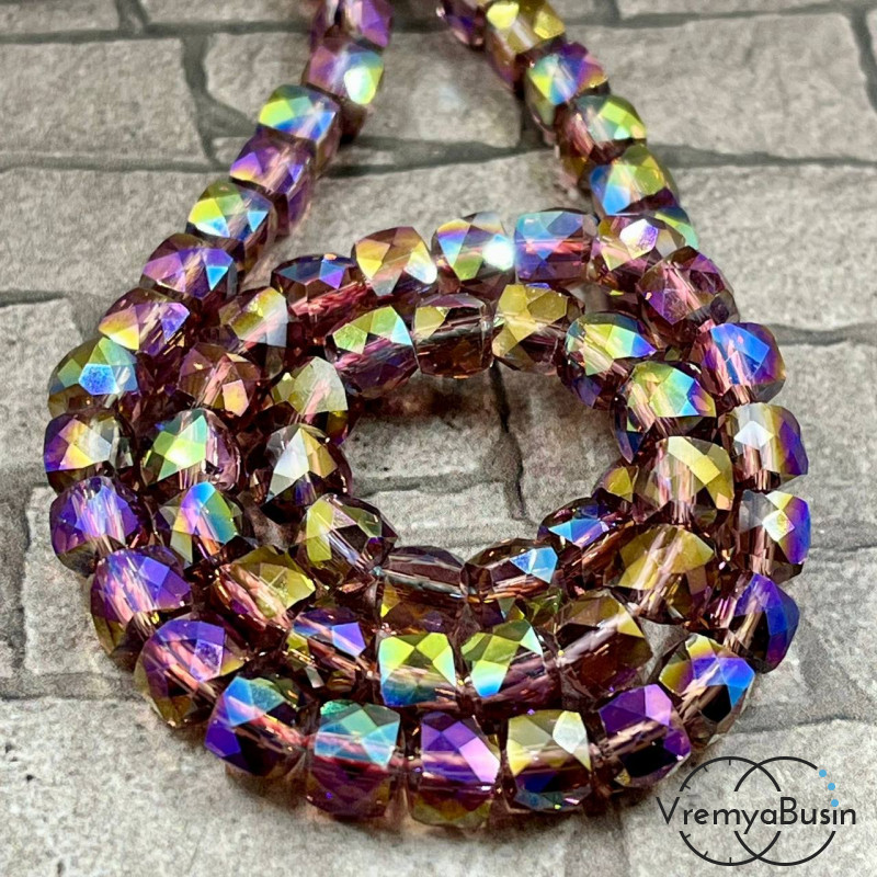 Бусины кубики из граненого стекла с переливом, 6 мм    (упак. 10 шт.)