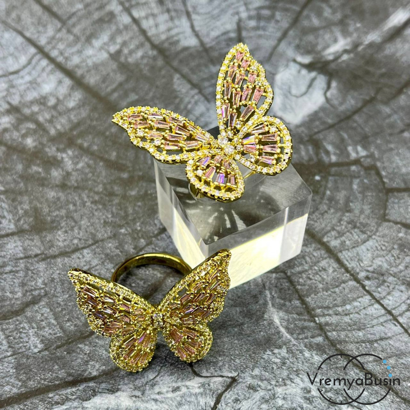 Кольцо "розовая бабочка", из латуни с позолотой (1 шт.)