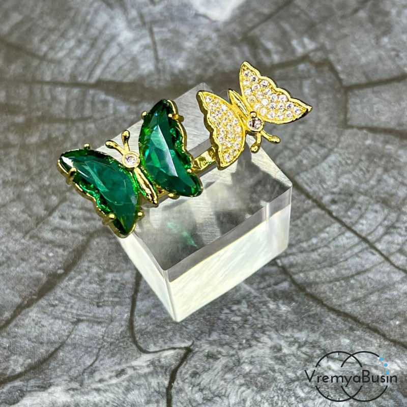 Кольцо "бабочка с зелеными крыльями" из латуни с позолотой (1 шт.)