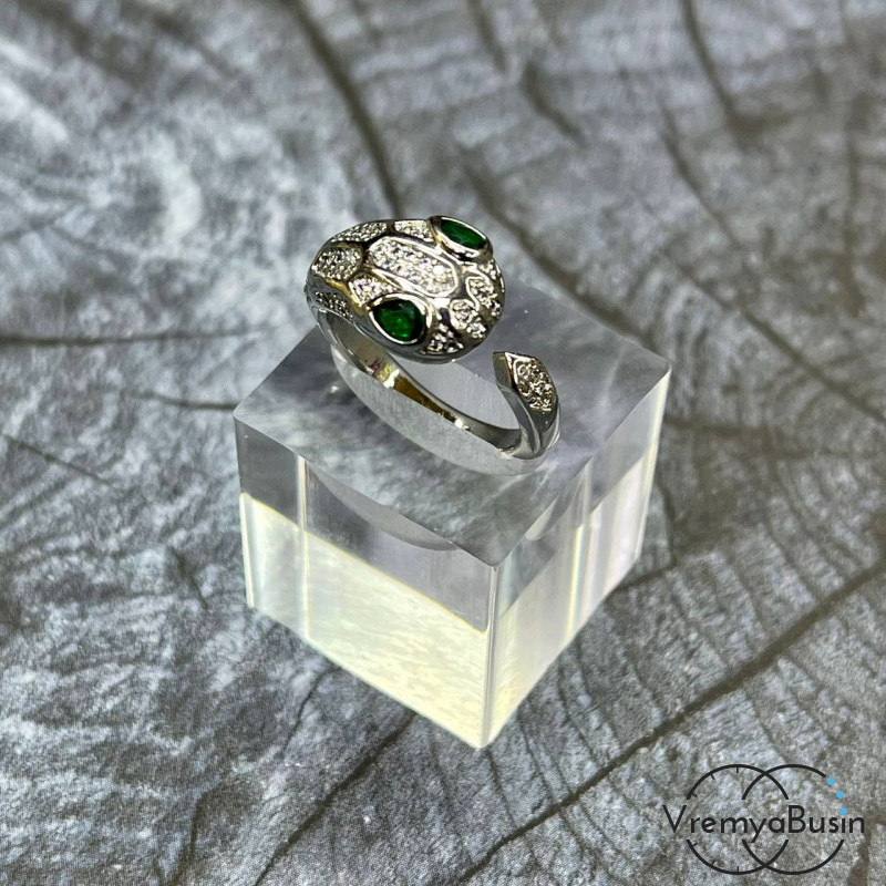 Кольцо "змея с большими зелеными глазами" из латуни с родиевым покрытием (1 шт.)