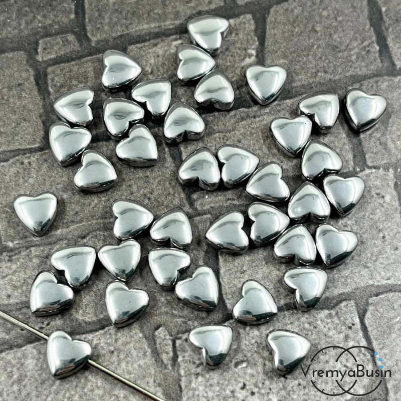 Гематит, сердце плоское 6 мм, цв. серебро (упак. 10 шт.)