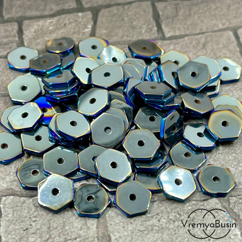 Гематит, чипс шестигранник 1х8 мм, цв. СИНИЙ (упак. 40 шт.)