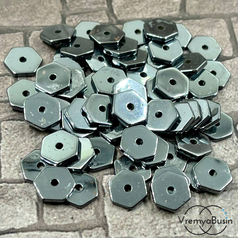 Гематит, чипс шестигранник 1х8 мм, цв. ЧЕРНЫЙ (упак. 40 шт.)