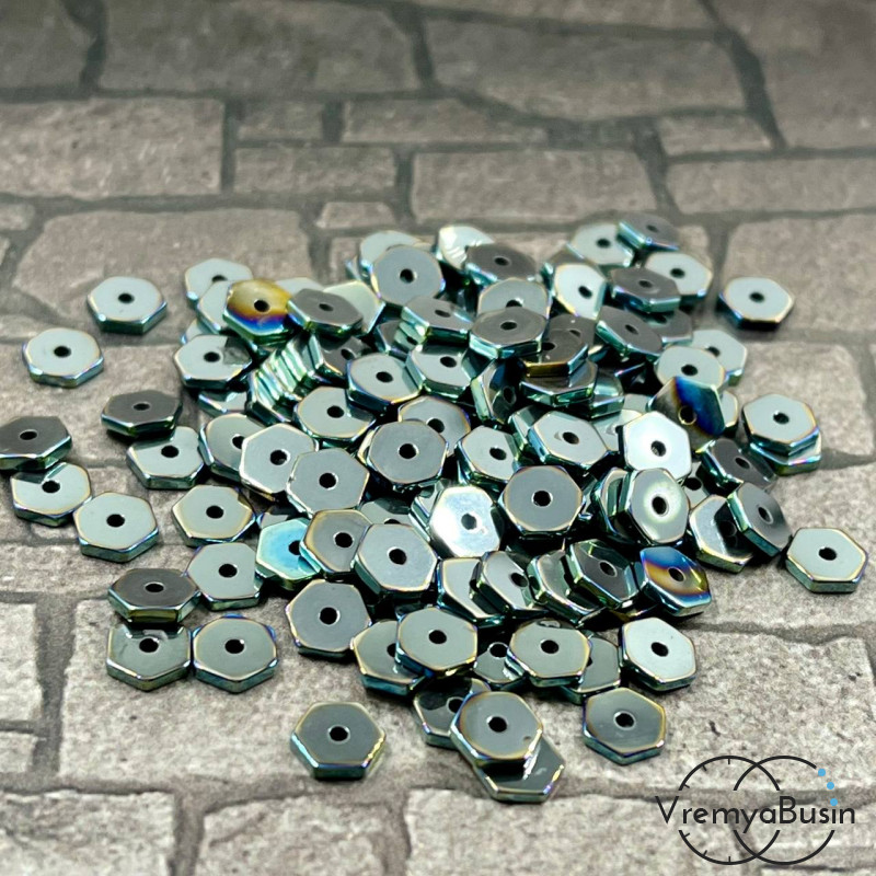 Гематит, чипс шестигранник 1х6 мм, цв. ЗЕЛЕНЫЙ (упак. 40 шт.)