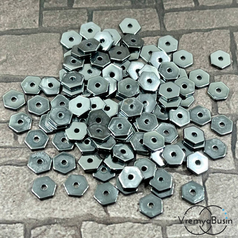 Гематит, чипс шестигранник 1х6 мм, цв. ЧЕРНЫЙ (упак. 40 шт.)