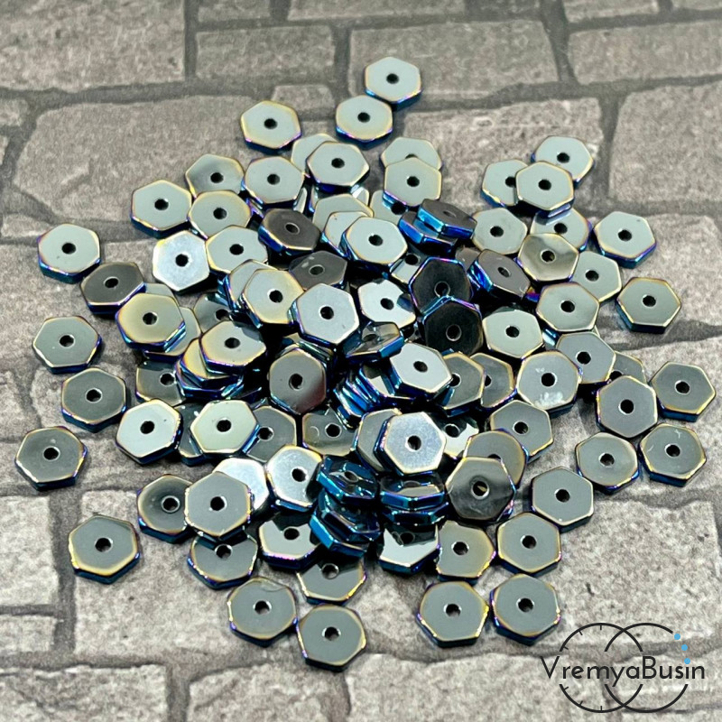 Гематит, чипс шестигранник 1х4 мм, цв. СИНИЙ  (упак. 40 шт.)
