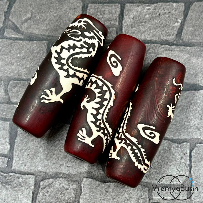 Крупная бусина Дзи из агата "Дракон", 40х14 мм (1 шт.)