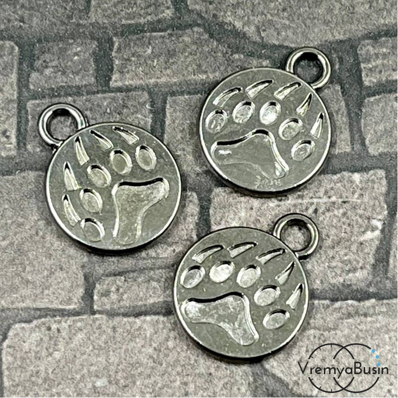 Медальон с медвежьим следом. Подвеска металлическая, 15 мм, цв. графит (1 шт.)