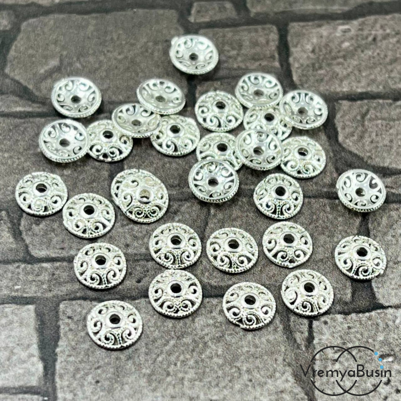 Шапочки для бусин 6 мм, латунь с родиевым покрытием (10 шт.)