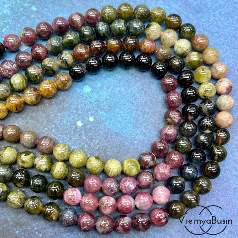 Турмалин натур., шарик гладкий 8 мм, сборка по цвету  (1/2 нити, ок. 24 шт.)