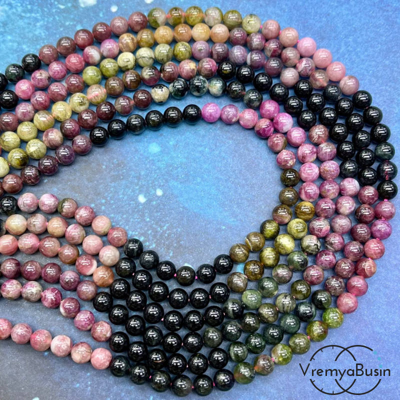 Турмалин натур., шарик гладкий 6 мм, сборка по цвету  (1/2 нити, ок. 32 шт.)