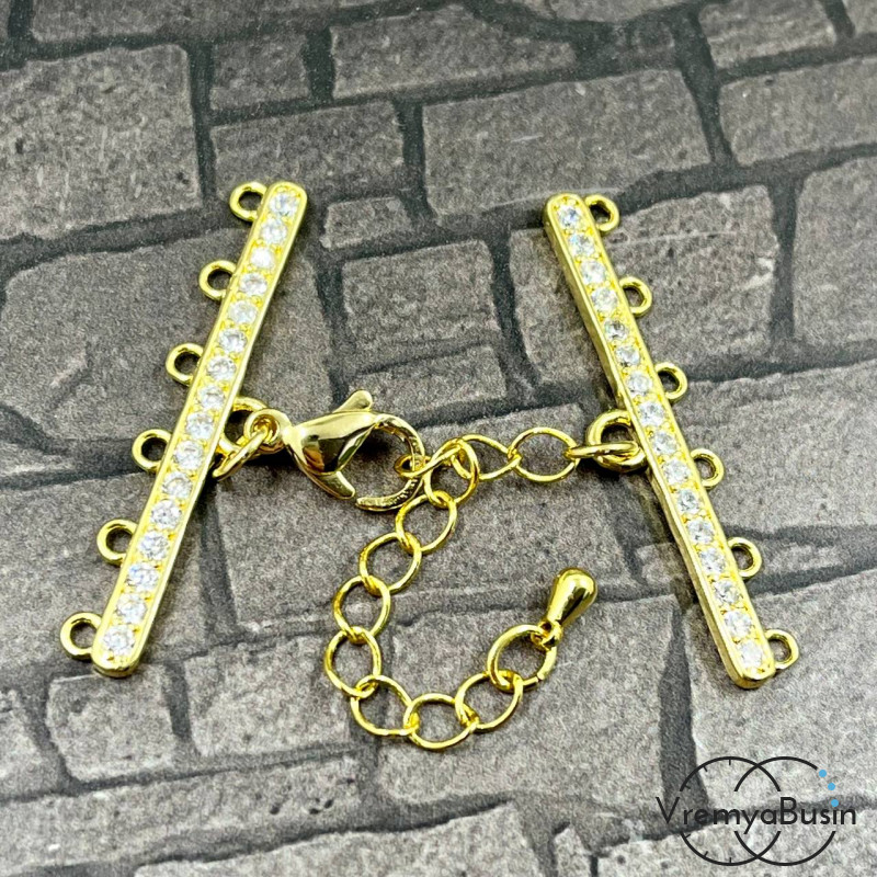 Замок для украшений на 6 нитей, 38х6 мм, латунь с позолотой и фианитами (1 шт.)