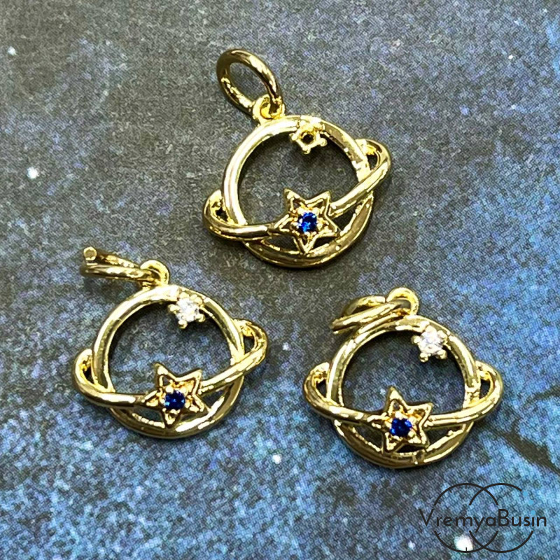 Подвеска из латуни "Планета", 11х13 мм, с позолотой и фианитами (1 шт.)