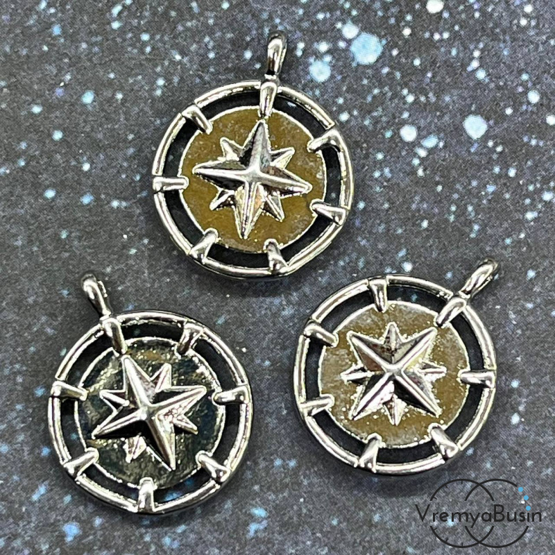 Подвеска "Медальон со звездой", 16х20 мм, из латуни с родиевым покрытием (1 шт.)
