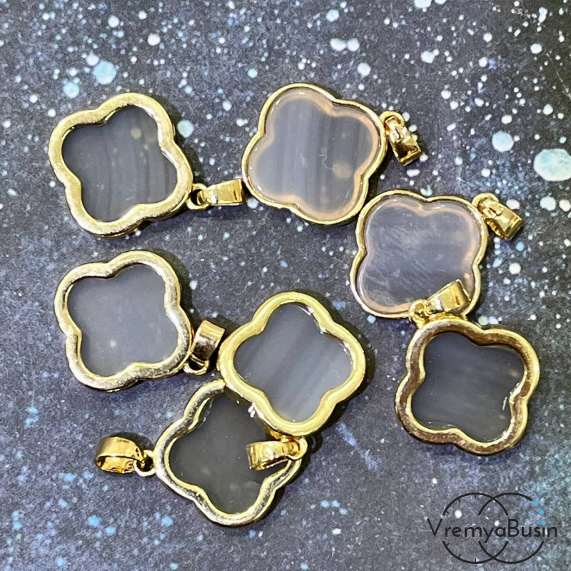 Агат серый. Подвеска клевер в металлической оправе цв. золото, 16 мм (1 шт.)