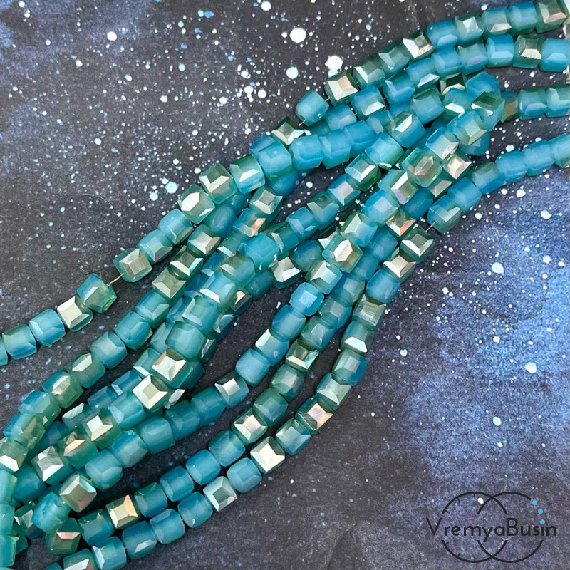 Бусины кубики из граненого стекла, 6 мм, цв. бирюзовый матовый  (1/2 нити, ок. 35 шт.)