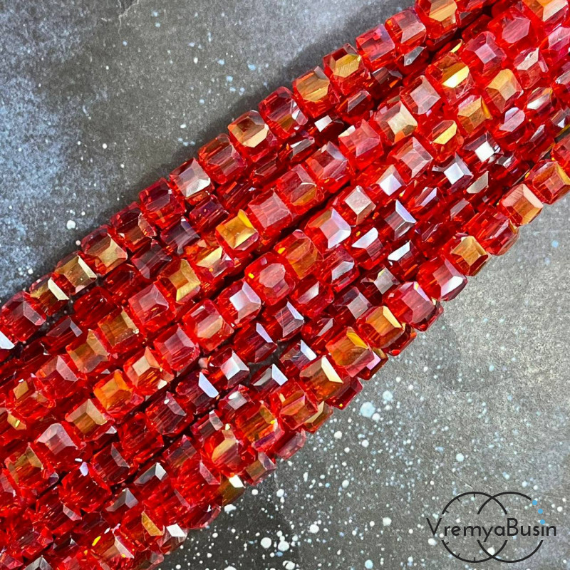 Бусины кубики из граненого стекла, 6 мм, цв. красный с АБ переливом   (1/2 нити, ок. 35 шт.)