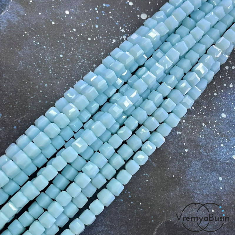 Бусины кубики из граненого стекла, 6 мм, цв. бирюзовый матовый  (1/2 нити, ок. 35 шт.)