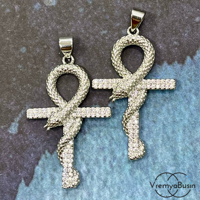 Подвеска «Крест со змеей», 22х35 мм, из латуни с родиевым покрытием и фианитами  (1 шт.)