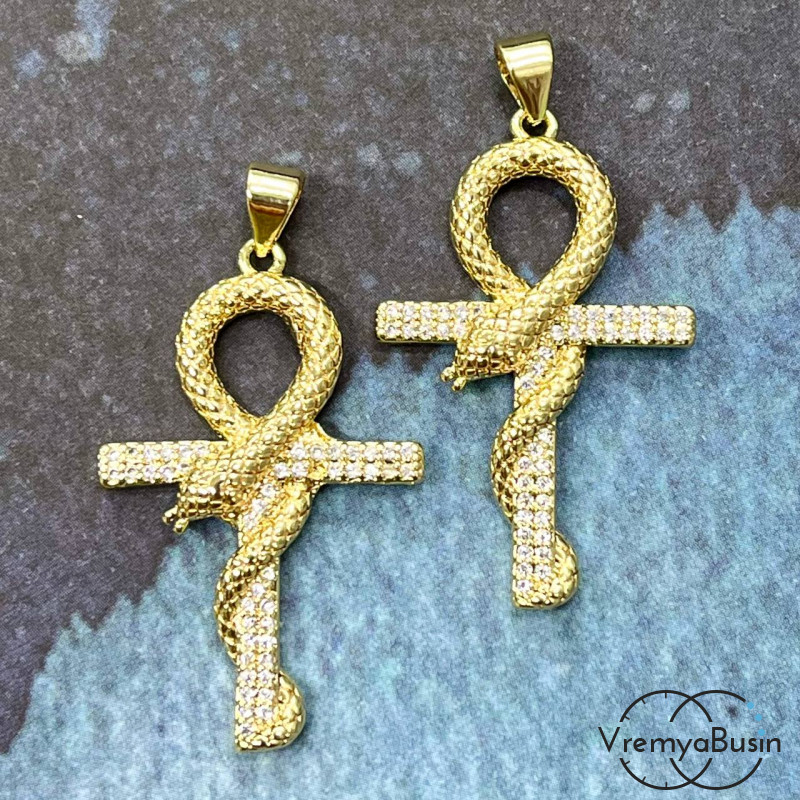 Подвеска  «Крест со змеей», 22х35 мм,  из латуни с позолотой и фианитами  (1 шт.)