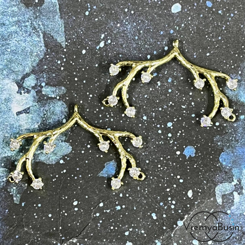 Коннектор "Рожки", 25х36 мм,  латунь с позолотой и фианитами (упак. 2 шт.)