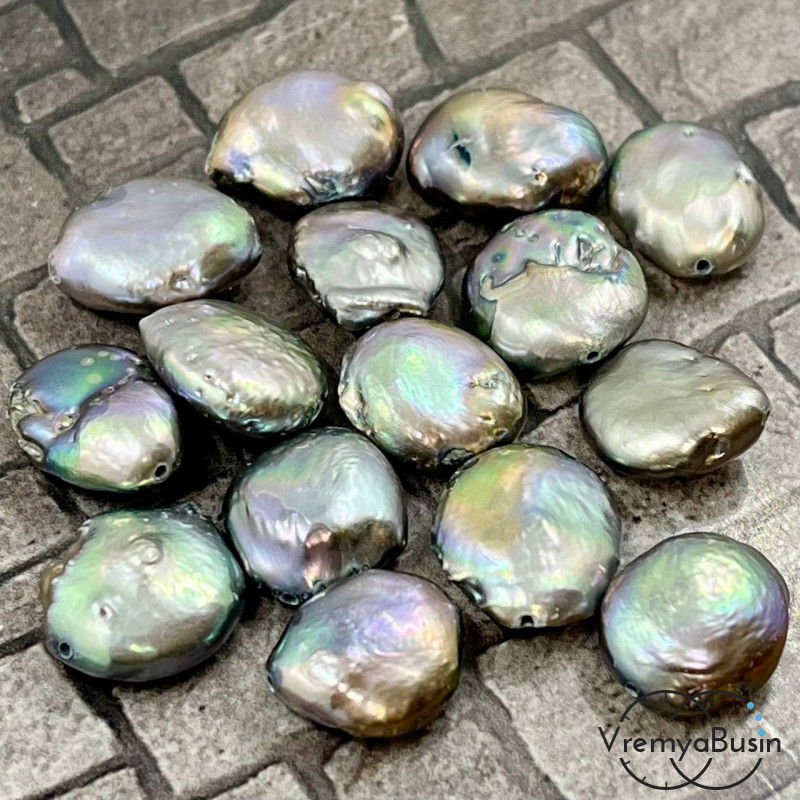 Жемчуг Кейши, плоская бусина таблетка, ок. 12х14 мм, цв. серо-черный  (1  шт.)