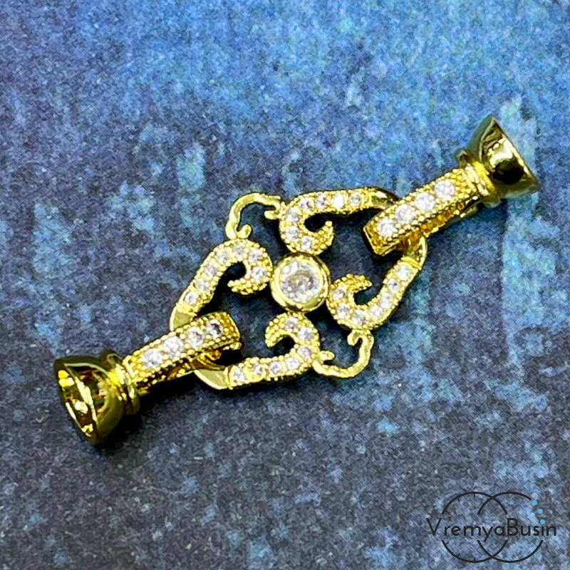 Замок с фианитами, вензель 15х20 мм, латунь с позолотой (1 шт.)