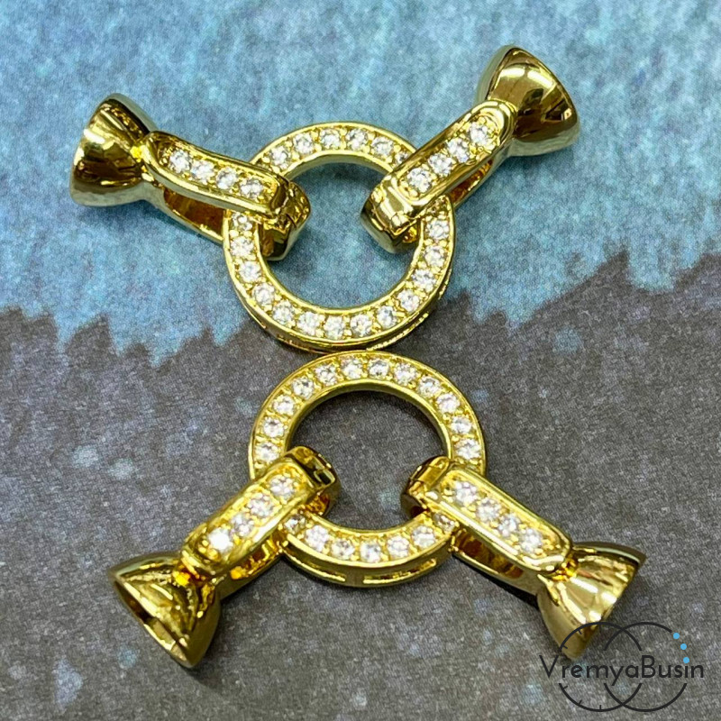 Замок для украшений, круг 14 мм, латунь с позолотой и фианитами (1 шт.)