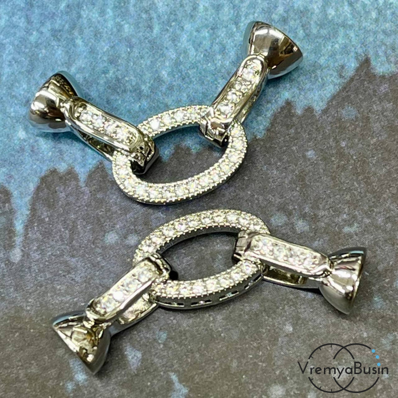 Замок для украшений, овал 10х15 мм, латунь с родиевым покрытием и фианитами (1 шт.)