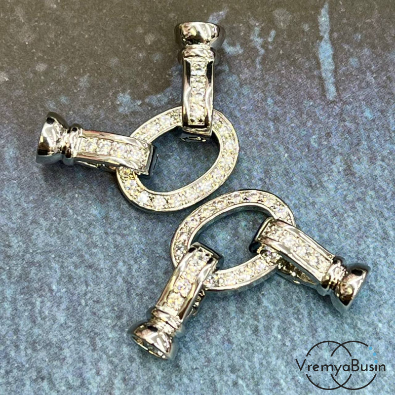 Замок для украшений, овал 13х18 мм, латунь с родиевым покрытием и фианитами (1 шт.)