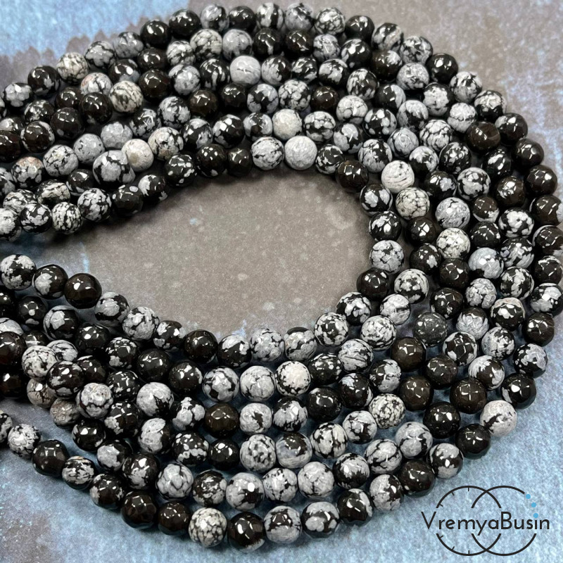 Снежный обсидиан, шарик граненый 6 мм (1/2 нити, ок. 32 шт.)
