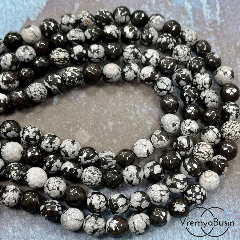 Снежный обсидиан, шарик граненый 8 мм (1/2 нити, ок. 24 шт.)