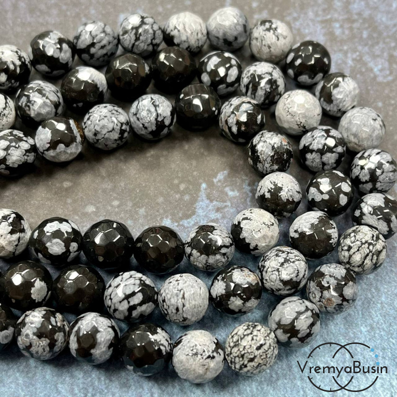 Снежный обсидиан, шарик граненый 10 мм (1/2 нити, ок. 19 шт.)