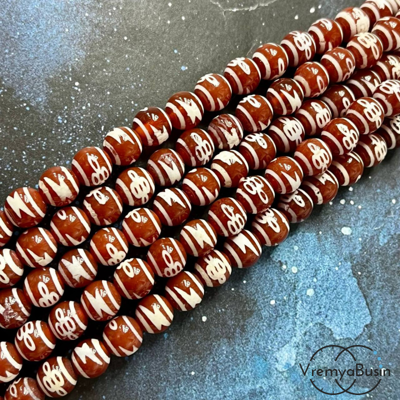 Бусины дзи из сердолика "Молния и мистический узел", шарик гладкий 8 мм (1/2 нити, ок. 24 шт.)