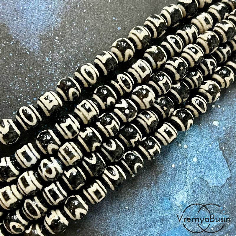 Бусины дзи из агата "Небо и земля", шарик гладкий 8 мм (1/2 нити, ок. 24 шт.)