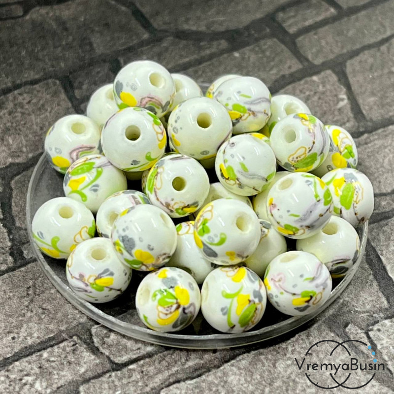 Бусины из фарфора с цветами, 8 мм (1 шт.)