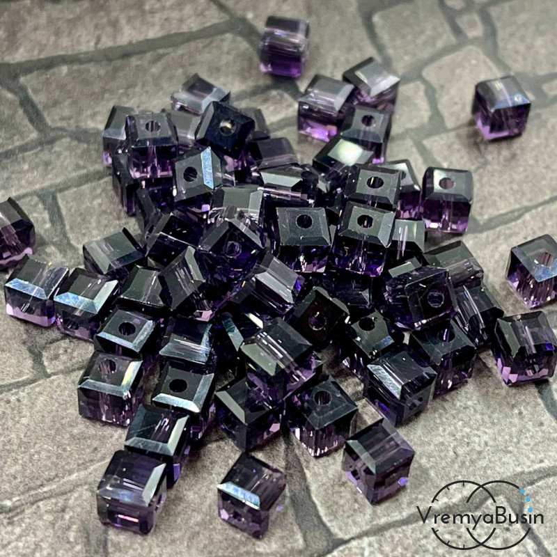 Бусины кубики из граненого стекла, 6 мм, цв. фиолетовый     (упак. 10 шт.)