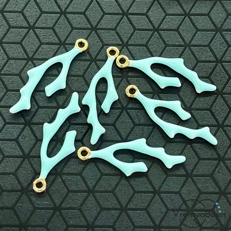 Подвеска с эмалью "Коралл", 9х24 мм, бирюзовый, латунь с позолотой (1 шт.)