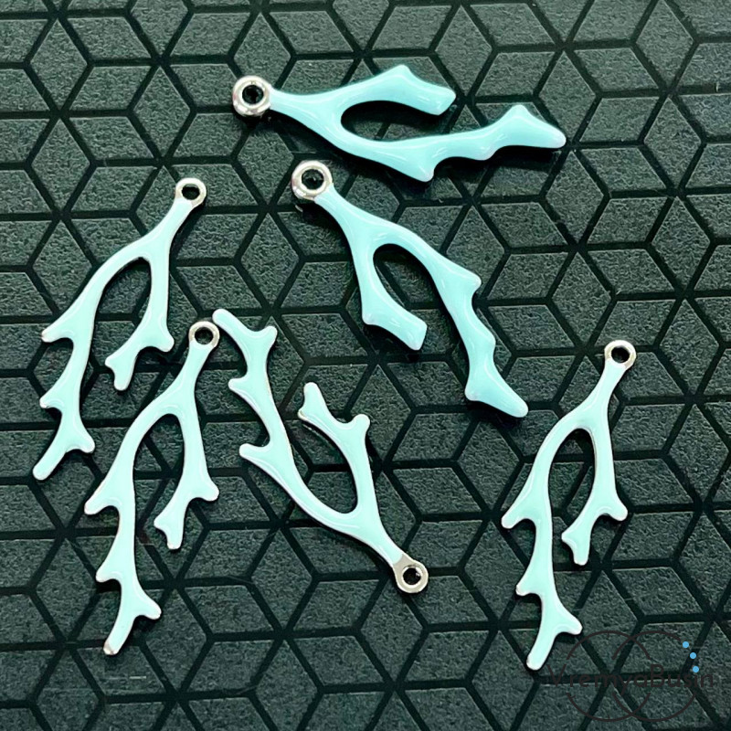 Подвеска с эмалью "Коралл", 9х24 мм, цв. бирюзовый, латунь с родиевым покрытием (1 шт.)