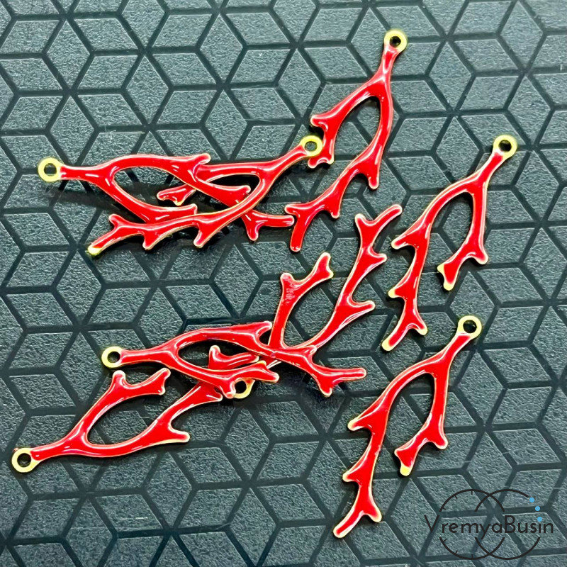 Подвеска с эмалью "Коралл", 9х24 мм, цв. красный, латунь с позолотой (1 шт.)