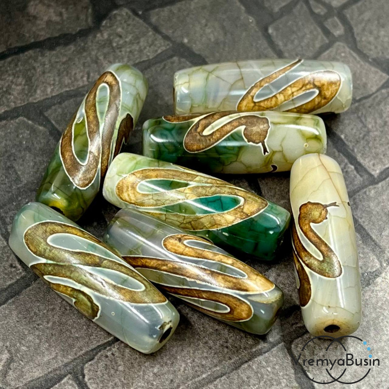 Бусина Дзи из агата "Бай Ши - Змея", 10х30 мм (1 шт.)