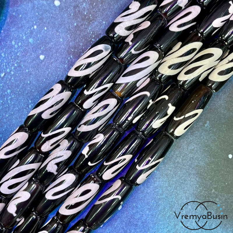 Бусина Дзи из агата "Бай Ши - Змея", 10х30 мм (1/2 нити, 5 шт.)