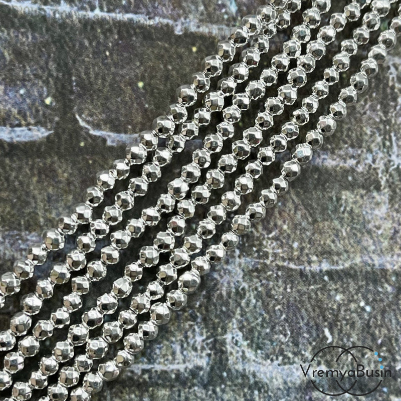 Гематит, шарик граненый 4 мм, цв. серебро (нить, ок. 95 шт.)