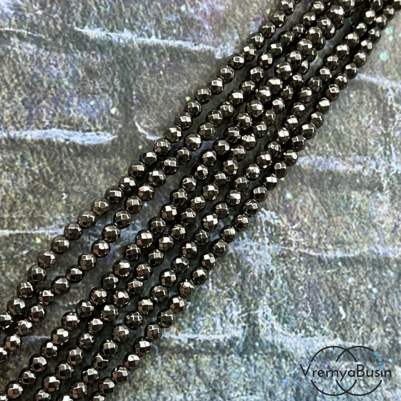 Гематит, шарик граненый 4 мм, цв. коричневый (нить, ок. 95 шт.)