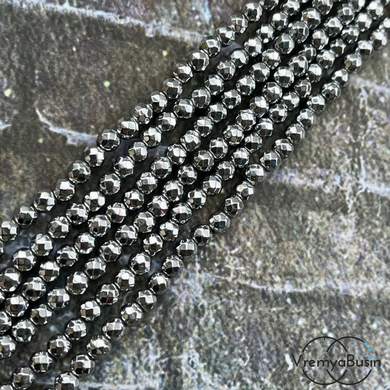 Гематит, шарик граненый 4 мм, цв. черный (нить, ок. 95 шт.)